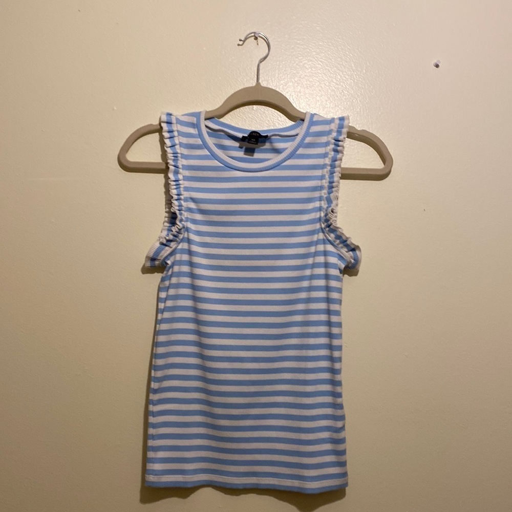 J.Crew ruffle tank white and blue striped . Size Xs. Style AW140 . - Picture 3 of 10